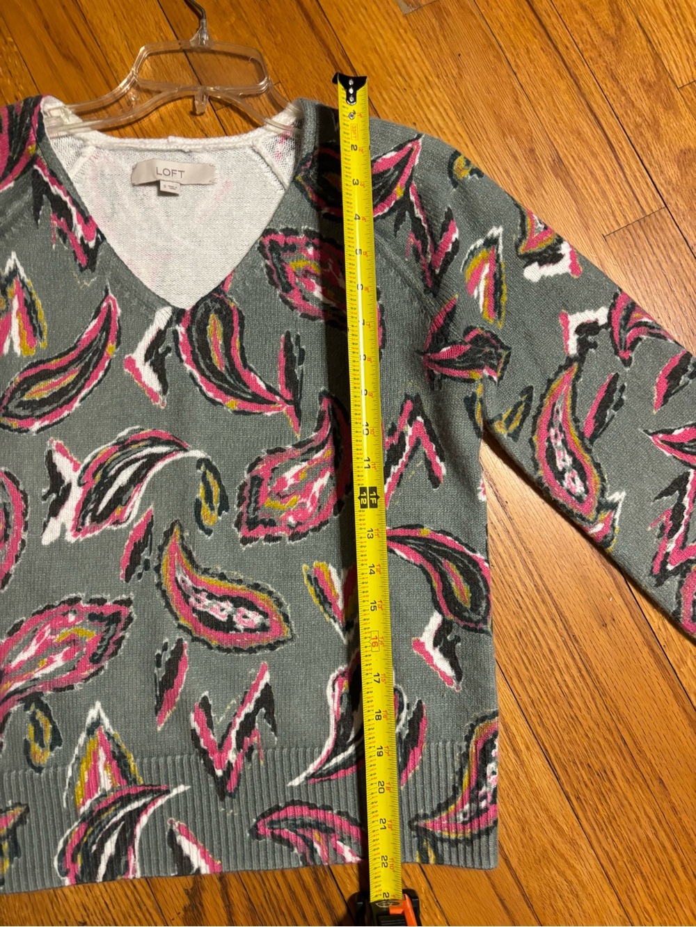 LOFT Sage Green V-Neck Sweater with Pink Paisley Accents - Picture 9 of 10
